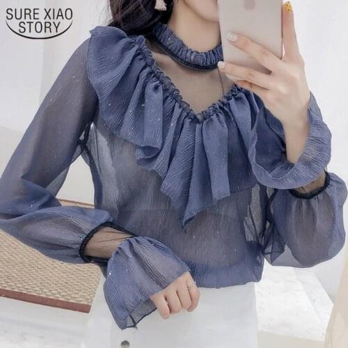 Sexy Lace Shirts 2021 Autumn Woman Shirts Solid Blouses All-match Korean Tops Mesh Stitching New Office Lady Clothes 10612