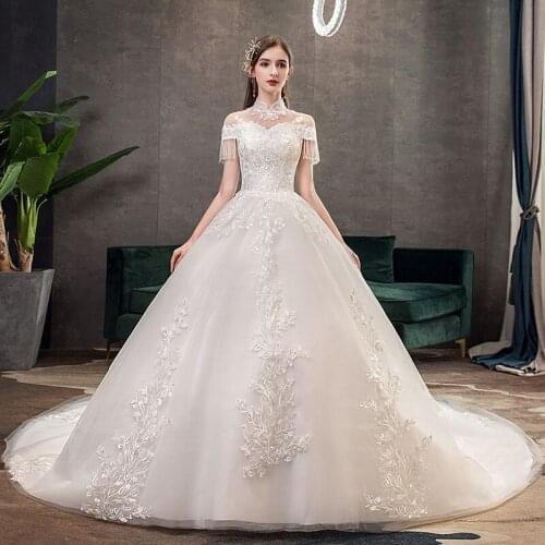 Vestido De Noiva 2020 Elegant High Neck Wedding Dress Short Sleeve Lace Embroidery Wedding Gowns With Train Princess Bride Dress