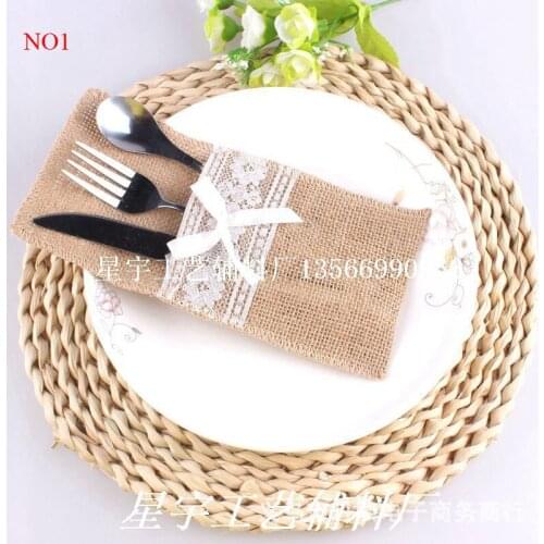 10Pcs/Lot Wedding Tableware Bag Hessian Jute Cutlery Pocket Knife Fork Burlap Lace Pouch Bag Wedding Party Supplies Home Decor