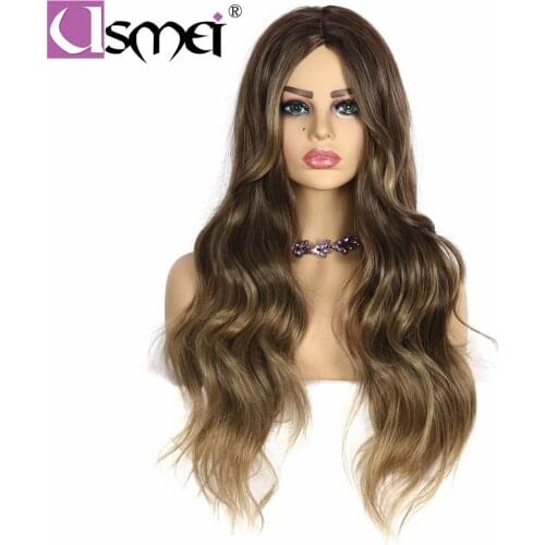 USMEI 130 Density Long Wavy Wigs with Natural Hairline Synthetic Wigs for Women Black Blonde Ombre Color Wavy Daily Life Wigs