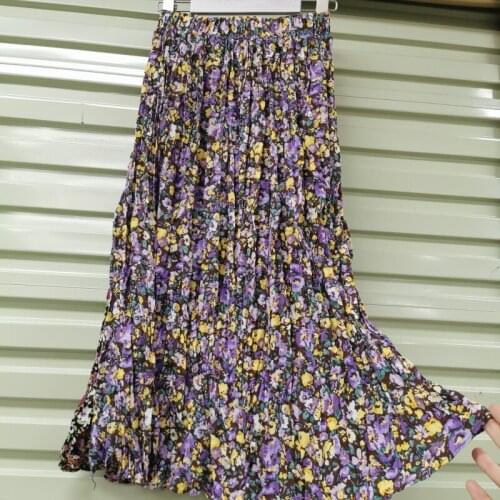 Vintage Flower Print Casual Korean Spring Summer Beach Boho Skirt Female A-line Elastic High Waist pleated Skirt Women Clothes