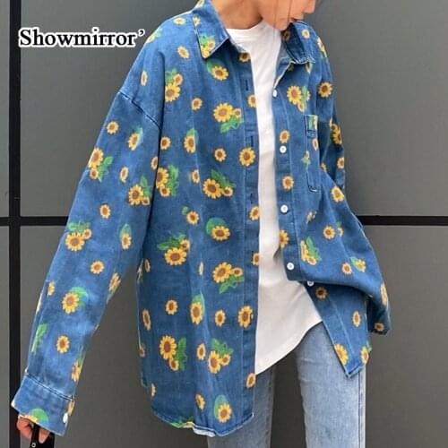 Showmirror Boyfriend Shirt Loose Daisy Print Vintage Casual Loose Tee Shirt Women Autumn Long Sleeve Oversized T Shirt Ladies