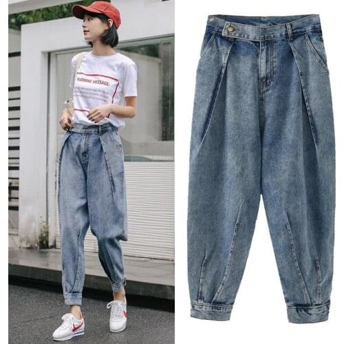 Womens jeans was thin loose new wild retro fashion to do the old high waist pleated harem pants TB190225