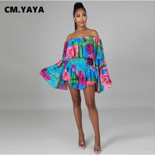 CM.YAYA Women Playsuit Print Off Shoulder Full Flare Sleeve Ruffles Loose Playsuits Fashion Rompers One Piece Overalls Summer