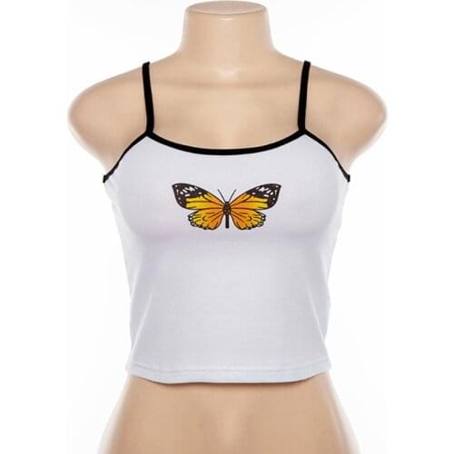 2020 Women Summer Sexy Sleeveless Crop Top Butterflies Graphic Print Short Basic Camisole Spaghetti Straps Sling Vest