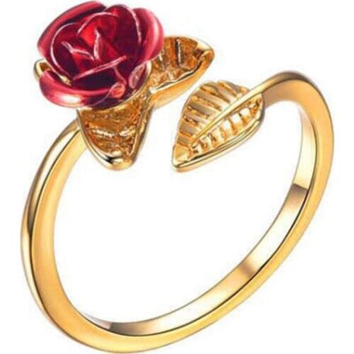 Milangirl Simple Women Ring Red Rose Garden Flower Leaves Open Ring Resizable Finger Ring for Women Valentines Day Gift Jewelry