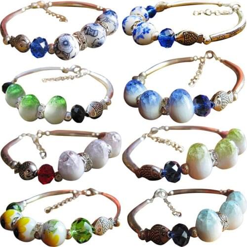 Chinese Style Classical Women Bangle Bracelet Ceramic Bead Adjustable Elegant Bangle Bracelet Cuff Bracelet Clothing Accessories