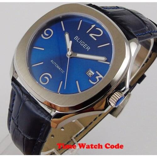 Bliger 40mm Square Automatic Mens Wristwatch Blue Dial Miyota 8215 Sapphire glass Date window polished leather strap mes watch