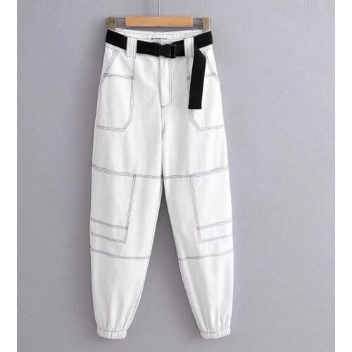 Summer Reflective Cargo Pants Cotton Overalls Women Casual Harem Pants Hot White Sweatpants Ladies Wild Belt Capris Active Wear