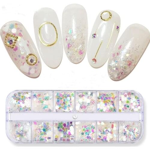 12grids/box Mermaid Nail Art Decoration Holographic Acrylic Transparent Paillete Nail Glitter Flake for Manicure Nail Decoration