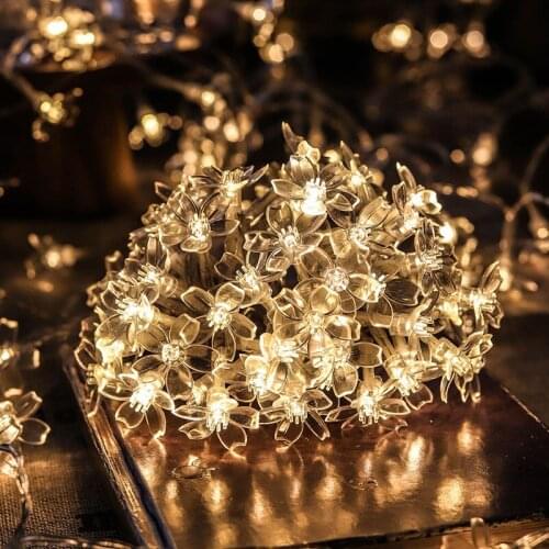 2Meter Cherry Blossom Flower Garland Battery Powered LED String Fairy Lights Crystal Flowers for Indoor Wedding Christmas Decors