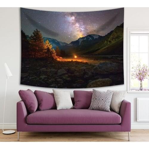 Tapestry Starry Sky Milky Way Over Mountains Trees Wild Nature Camping Photo Navy Blue Green Orange