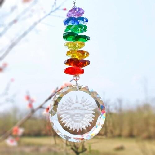 H&D Chakra Hanging Crystal Sun Face Prisms Fengshui Ornament Suncatcher Rear View Mirror Car Charm Window Decor