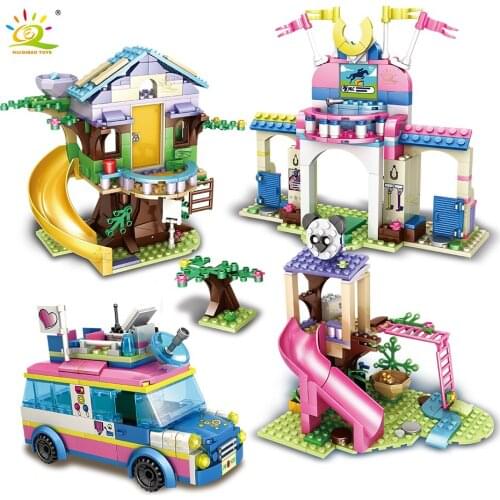 HUIQIBAO 664PCS City Girls Summer Vacation Tree House Building Blocks Friend Slide Swimming Pool Figures Bricks Toys For Child