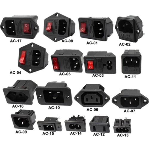 IEC320 C14 Electrical AC Socket 3 pin red LED 250V Rocker Switch 10A fuse female male inlet plug connector 2 pin socket mount