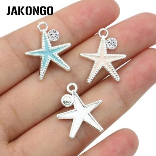 JAKONGO Silver Plated Crystal Enamel Starfish Charms Pendant Bracelet Earrings Accessories Jewelry Making DIY Craft 6pcs
