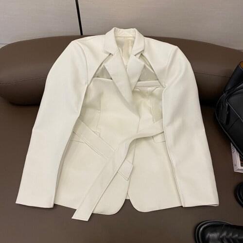 Temperament Fashion High 11.9 End Triangle Hollow Out Patchwork PU Leather With Belt Blazer Coat Women