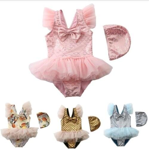Baby Girls Swimwear Lace Princess Kids Girl Swimsuit One-Piece Mermaid Children Toddler Girls Beachwear Bathing Suits With Hat