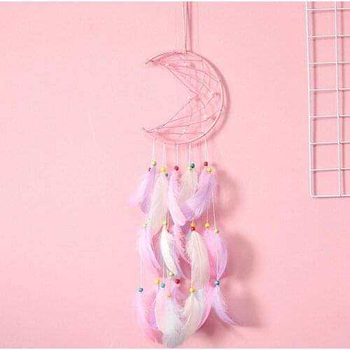 Moon Feather Dream Catcher Handmade Wooden Beads Girls Children Nursery Bedroom Wall Hanging Decorative Ornaments Gift #D0