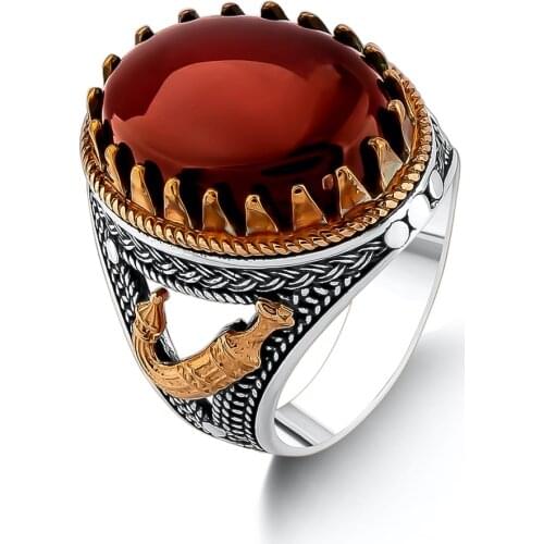 Men Sword Red Agate Silver Ring, High Quality Fashionable Solid 925 Sterling Silver Made in Turkey Men For Gifts