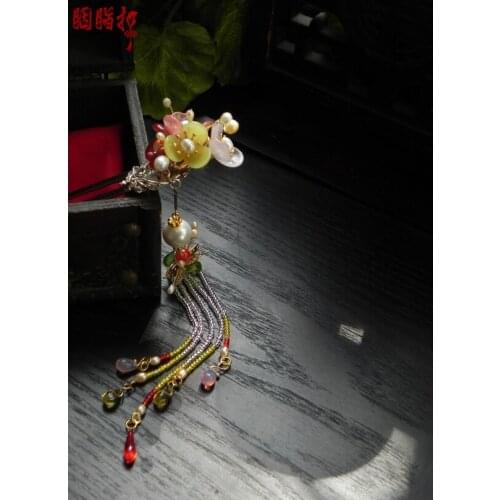 Natural Stone Rainbow Flower Cluster Handmade Vintage Hair Stick for Hanfu Costume Cos Accessories Bride Hair Jewelr