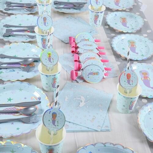 NEW Mermaid Princess Theme Birthday Decorations Kit Kids Baby Shower Party Disposable Tableware Kit Girls Mermaid Party Supplies