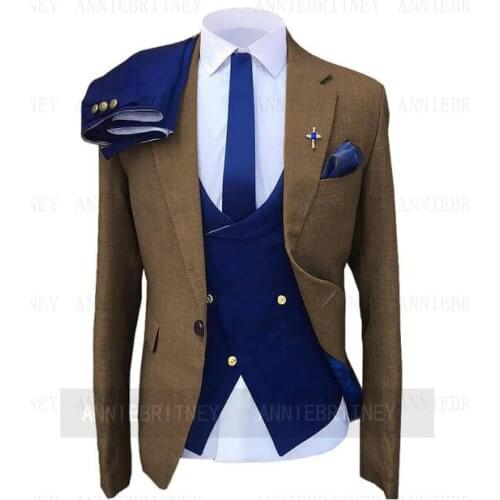New Designs Brown Navy Blue Suit Men 3 Piece Slim Fit Wedding Groom wear Dress Tuxedo Green Dinner Male Blazer PantsVest Pants