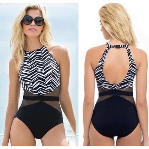 NEW Sexy High Neck Patchwork Cut Out One Piece Swimsuit Striped Mesh Swimwear Plus Size Swimsuit Bathing Suits Women XL