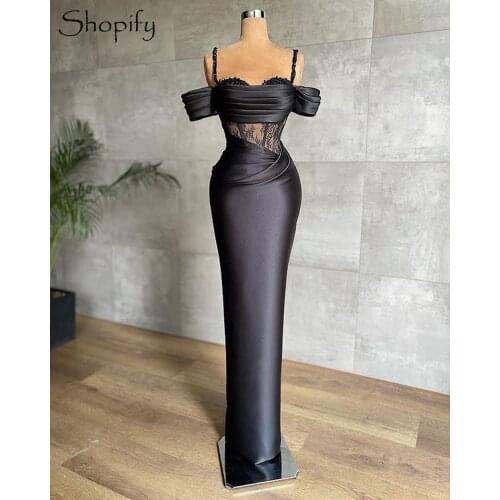 Skinny Short Sleeve Sweetheart Pleat Sheer Lace High Quality Black Satin Long Evening Dress 2021
