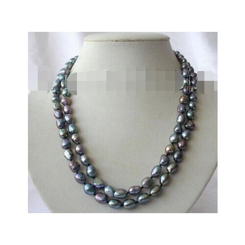 Stunning 18" 2rows 9-10mm baroque black freshwater cultured pearl necklace h754