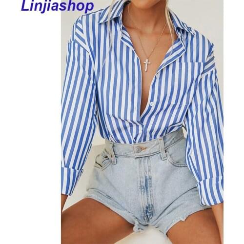 Casual Striped Print Buttons Up Blouse Shirts Pocket Oversized Shirt Women Cool Style Holiday Fashion Shirts Female Long Top