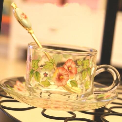 Morning glory pattern transparent thickened Heat-resistant glass coffee cup with saucer handle cup tea cup milk cup