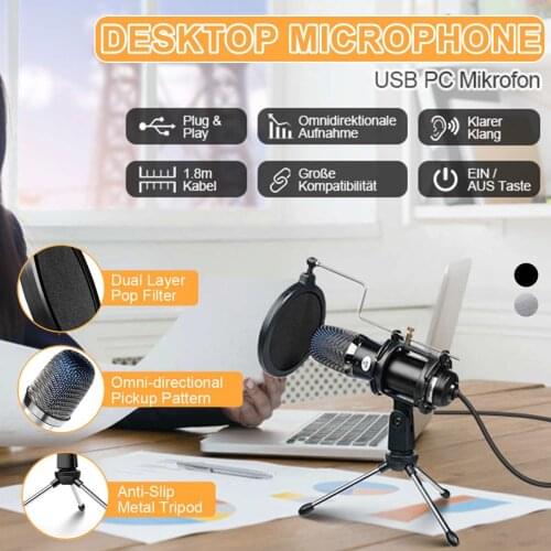 USB Computer Microphone Gaming Studio Microphone Tripod Stand Condenser Desktop Mic for PS4 PC Zoom Skype Youtube Podcasting