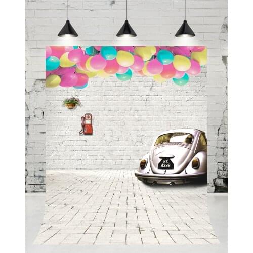 VinylBDSColored Balloons Decoration Brick Wall Wedding Photography Backdrop Vintage Cars Kids Photo Studio Newborn Background