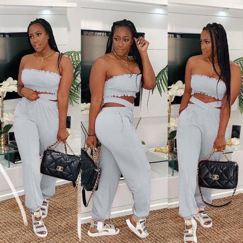 Summer Solid Sportswear Casual Hot Two Piece Outfits Women 2012 Ruched Stretchy Strapless Crop Top and Jogger Sweatpant Suits