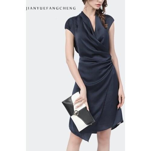 Women' Summer Dress Elegant Bodycon Blue Irregular Short Sleeve V-Neck Mid-Length Dresses Side Shirred Design Cardigan Dress