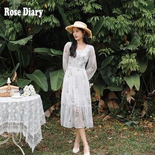 RoseDiary Ladies Dress Floral Vintange French Square Collar Embroideried Midi Length Beach Elegant Dresses for Women 2021 Summer