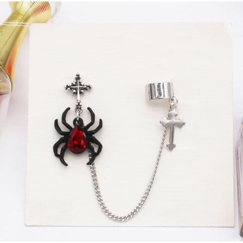 40GB 1Pc Gothic Punk Red Spider Cross Coffin Silver Finish Long Chain Ear Cuff Dangle Earrings Fashion Jewelry Unisex