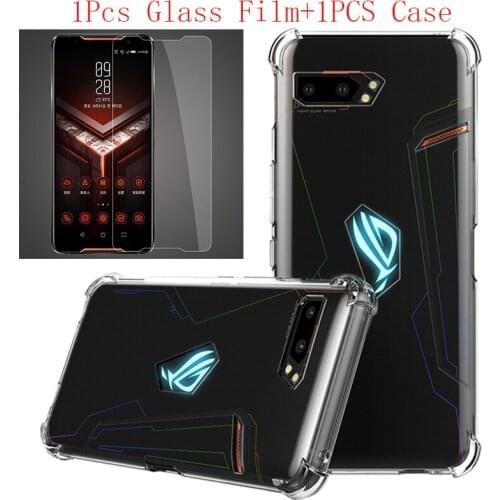 1Pcs Glass Film For Asus ROG Phone II +1PCs For Asus ROG Phone II ZS660KL Antiskid Silicon Soft Back Cover Case