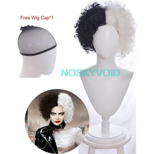 2021 Cruella Cosplay Wig Cruella de Vil Headwear Womans Black and White Curly Hair Halloween Christmas Carnival Headgear