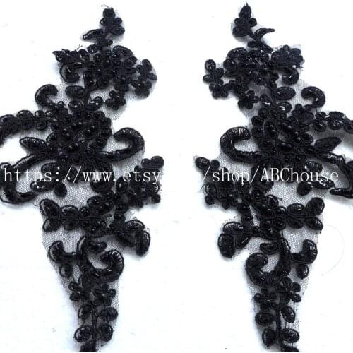 3pairs/lot Good quality black beaded cord embroidery lace trim clothes/wedding dress diy accessories 11*25cm