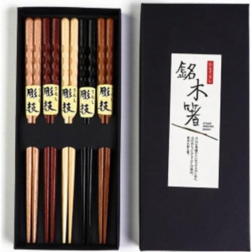 5 Pairs Natural Wood Chopstick Set Bamboo Chopsticks Reusable Chinese Korean Japanese Wooden Chop Sticks Gift Dishwasher Safe