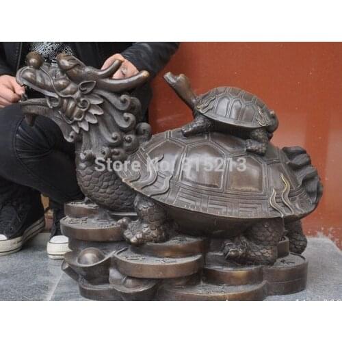Bi001305 23" Chinese Fengshui bronze carve 2 Dragon Turtle tortoise wealth Lucky statue