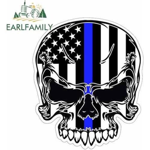 EARLFAMILY 13cm x 11cm For Skull Usa Blue Line Flag Car Bumper Window Stickers Vinyl Car Wrap Body For Car Motorcycle Sticker