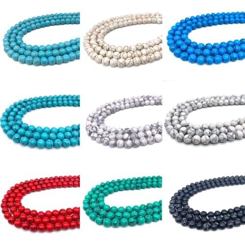 Smooth Natural Stone Beads white Blue black Red Green Turquoises Loose Round Beads for Jewelry Making 15"Strand 4 6 8 10 12 14MM