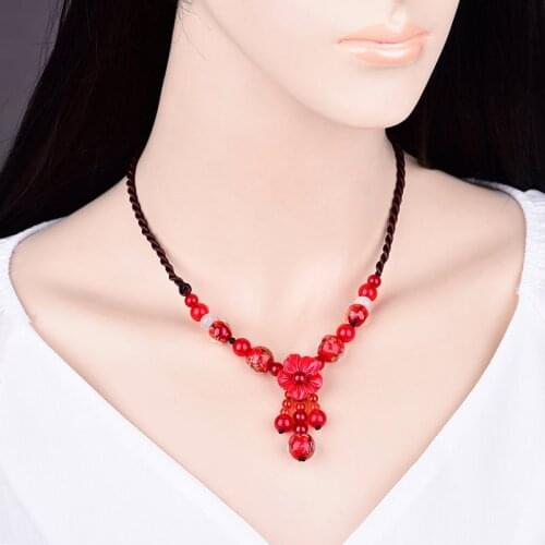 Superior Quality Red Crystal Classical Necklace Statement Golden Sand Coloured Glaze Pendant Necklace Chinese Ethnic Jewelry