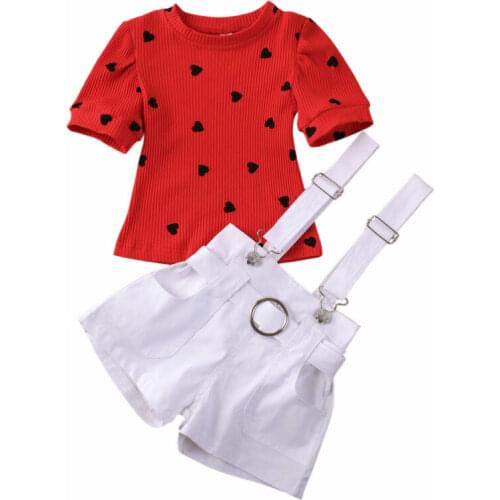 2020 Valentines Day Set Kids Baby Girl Boutique Heart Print Tops Short Sleeve T-shirt+Shorts Bib Pants 2PCS Clothes Size 2-6Y