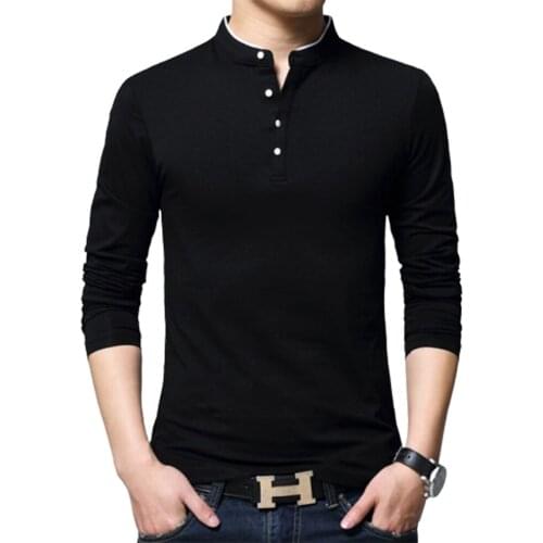 Mens cotton stand collar solid color long sleeve T-shirt casual fashion mens comfortable quality versatile long sleeve T-shirt