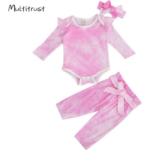 Baby Boys Girls Clothes 2020 Autumn Baby Girls Newborn Cotton Tie Dye Print Long Sleeved Rompers+Pants+Headband Kids 3pcs Suit