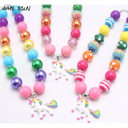 MHS.SUN Child Kids Unicorn Pendants Necklace Colorful Girls Chunky Beads Necklace Baby Bubblegum Jewelry For Party Gift Handmade